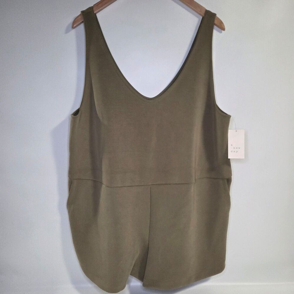 A New Day Olive Green Sandwash Pocket Mini Romper Size XXL Recycled NEW